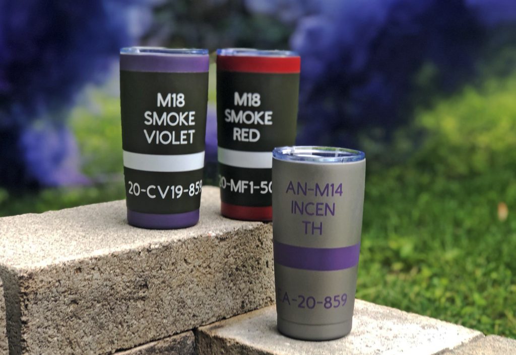 The best insulated tumbler you can buy? Maybe...they're "smoke grenade" and "thermite grenade" Cerakote travel mug by Badmoon Armory.