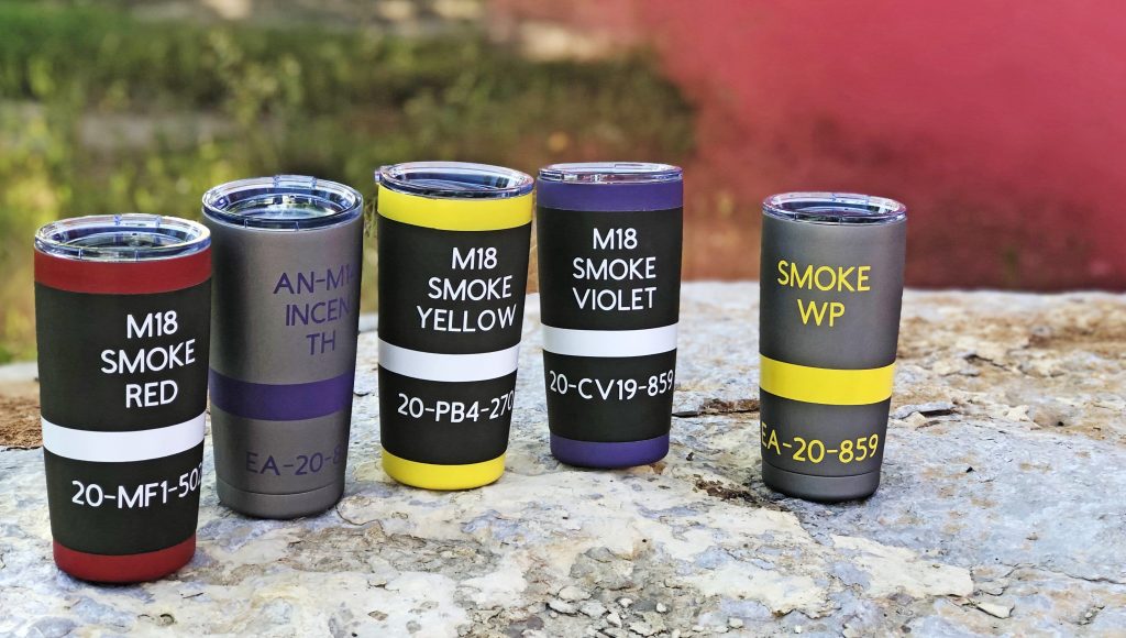 The best insulated tumbler you can buy? Maybe...they're "smoke grenade" and "thermite grenade" Cerakote travel mug by Badmoon Armory.