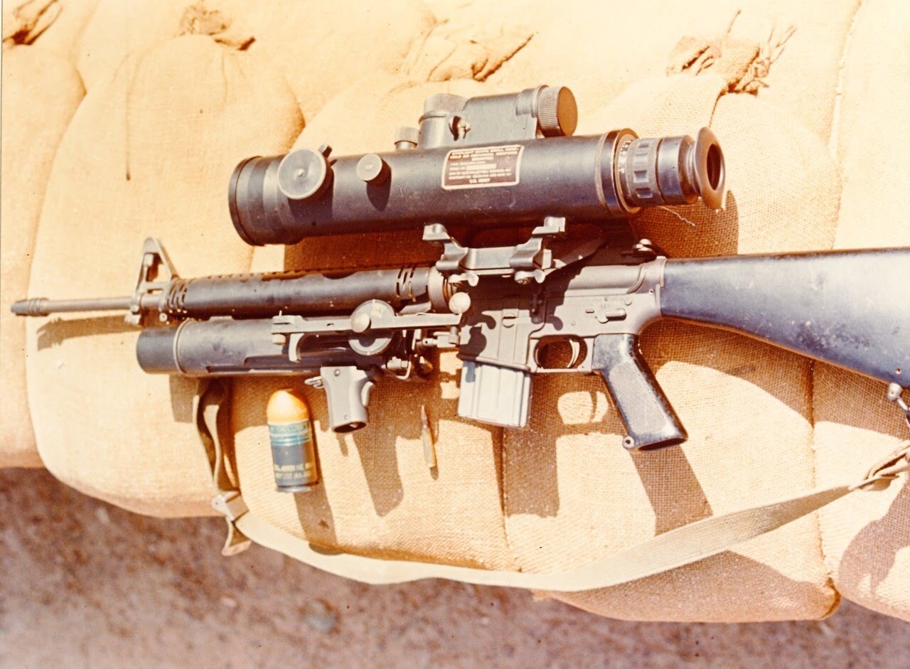 M16A1 fitted with a Starlight scope and a XM148 grenade launcher used during the Vietnam War
