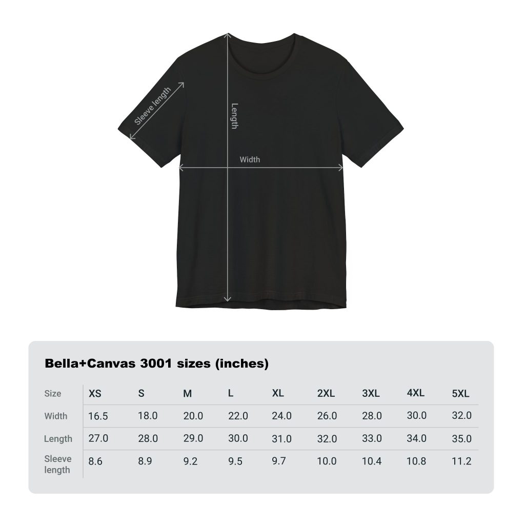 The sizing chart for a Bella Canvas 3001 t-shirt.
