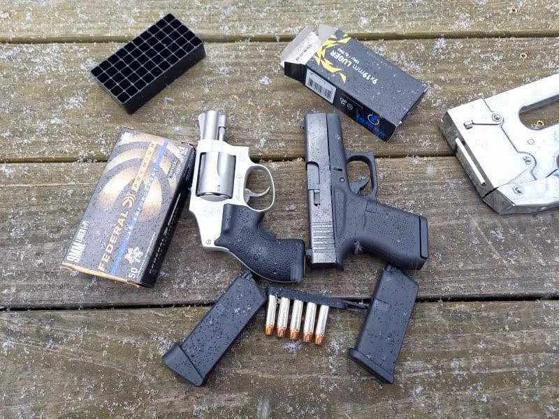 How much ammunition should you carry? Glock 19x with two magazines, Glock 43X with two magazines, and Smith & Wesson 642-2 snub nosed .38 Special revolver.