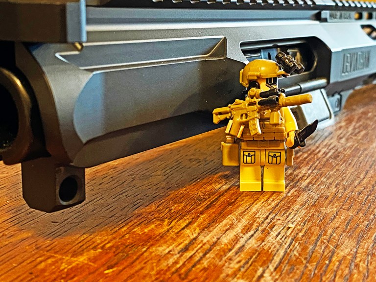 BE Meyers MAWL Man showing off the slick side of a LevDef (Leviathan Defense) upper receiver without a forward receiver.