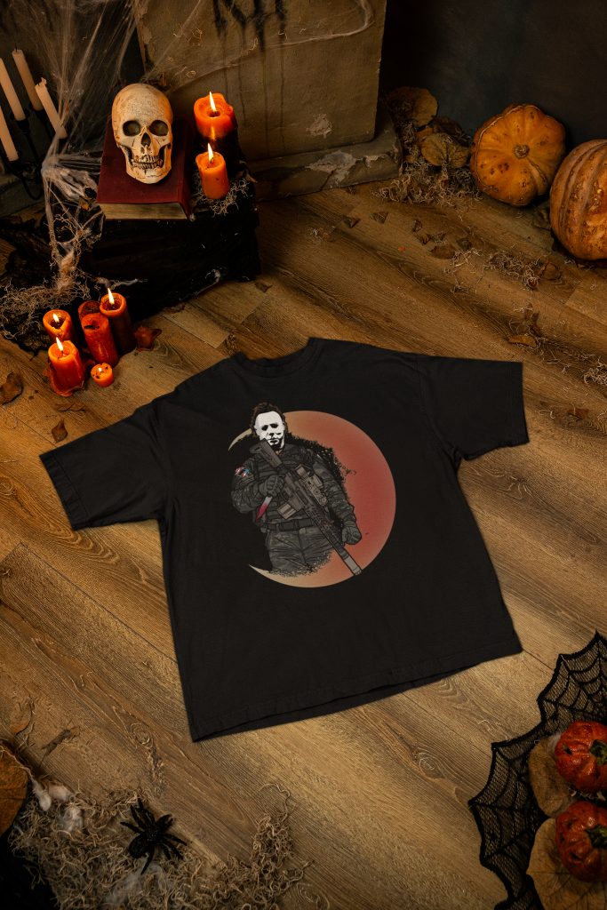 A Halloween tactical operator wearing a Michael Myers mask and carrying everything he needs to demonstrate American Exceptionalism (in the context of an implacable slasher from a horror film).