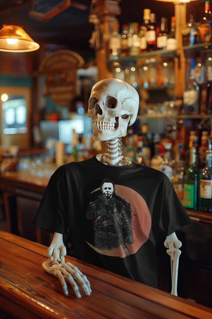 An animated skeleton who has excellent taste, waiting at the bar for his drink while wearing a Michael Myers tactical Halloween shirt.