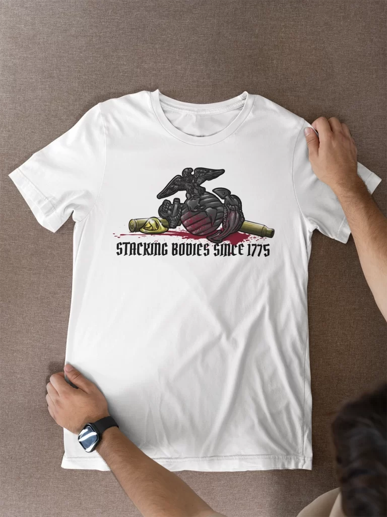 Marine Shirt white graphic tee with a close up of the Eagle Globe and Anchor and the phrase "Stacking Bodies Since 1775" to celebrate the USMC's 250th birthday. 