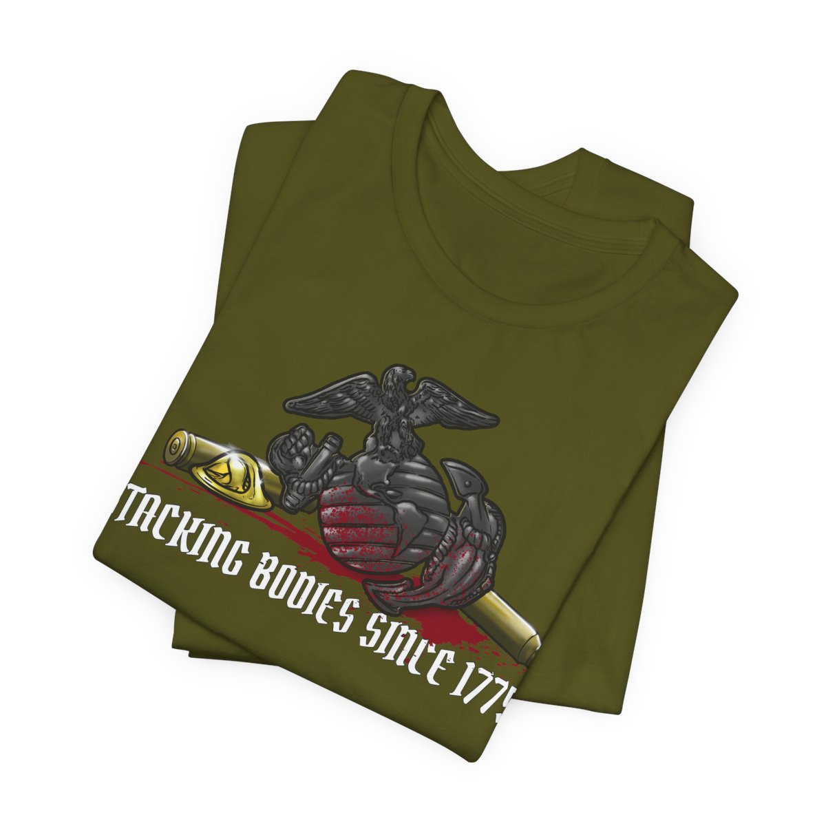 Marine Corps shirts in olive with the EGA and spent brass on the front.