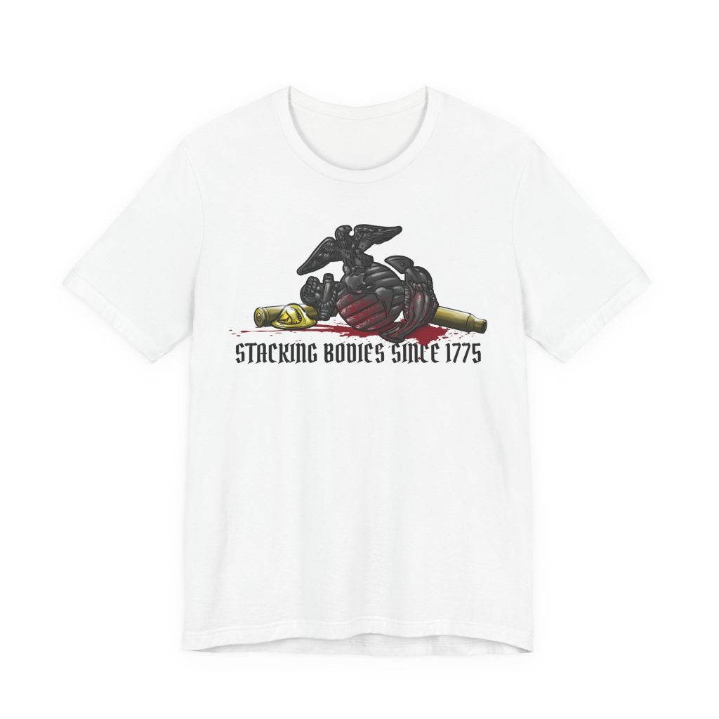 A white USMC 250th birthday t-shirt with the Eagle Globe and Anchor on it. It's to celebrate 250 years of the Marine Corps stacking bodies.