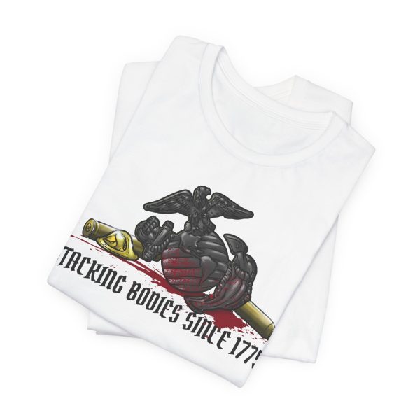 White Marine Corps graphic tee (Bella Canvas 3001) honoring 250 years of jarheads.