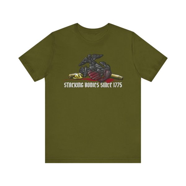 One of the best Marine shirts you'll find anywhere; an olive drab Bella Canvas 3001 graphic tee with the USMC Eagle Globe and Anchor on it, along with spent brass and the blood of America's enemies on it.