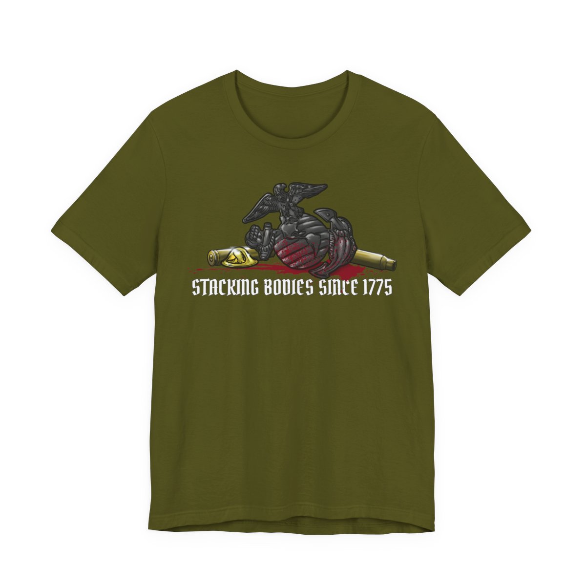 An olive colored USMC tee with a blood-spattered EGA on it to celebrate the birthday of the Corps.